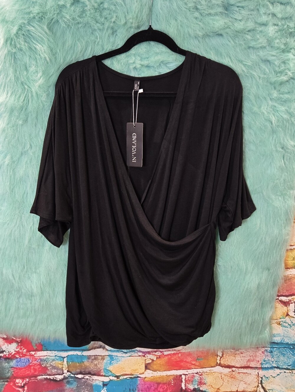 IN'VOLAND Black Short Sleeve Faux Wrap Top Size 18W